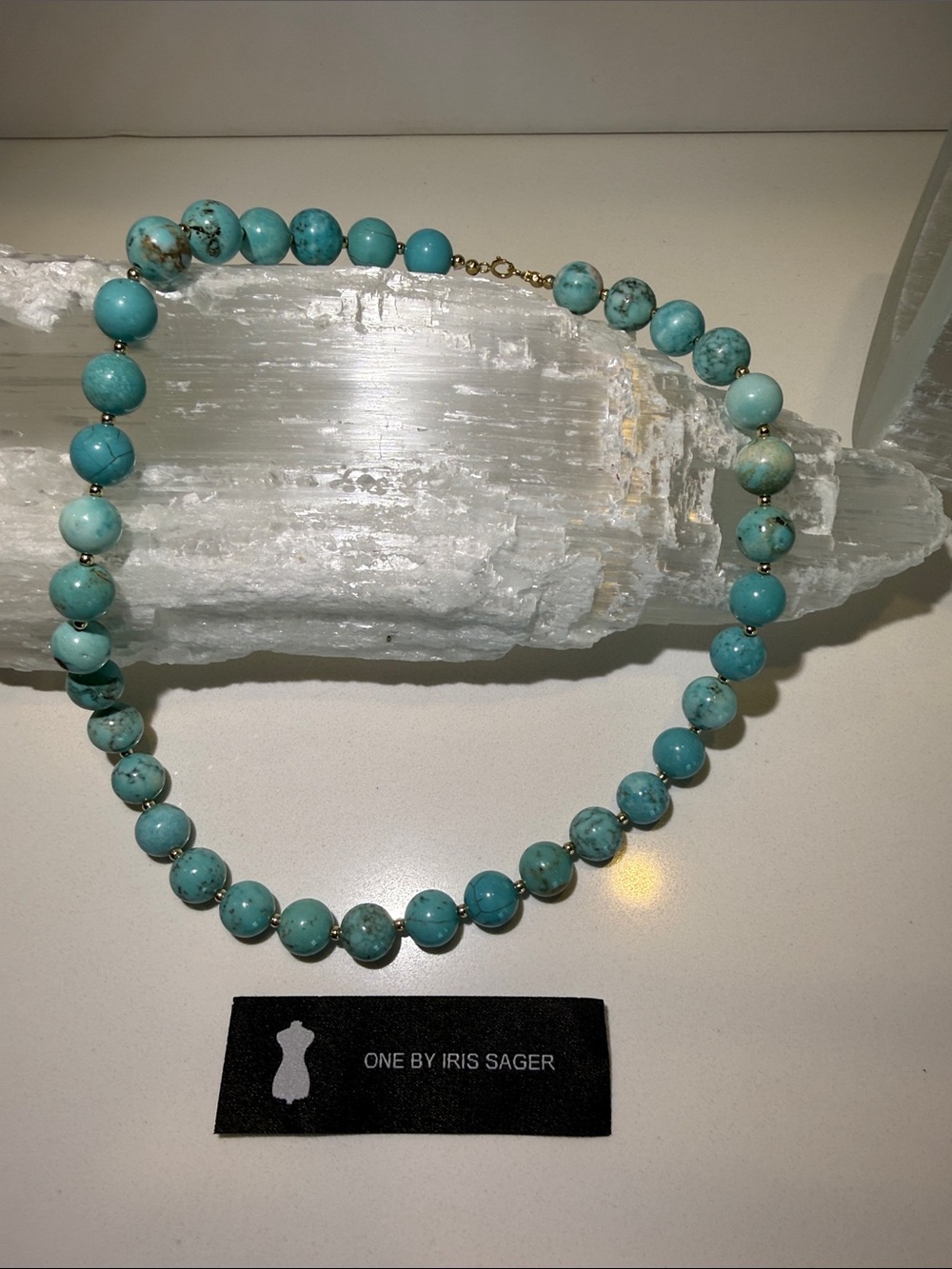 14k solid, yellow, gold beads turquoise 10 mm 17.5inch long easy locker